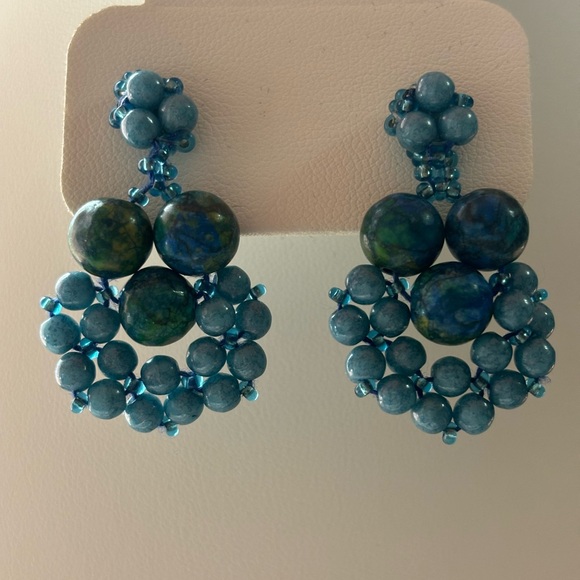 Hand crafted Beaded Stud Earrings Denim Lapis and Chrysocolla beads 2 inches - Picture 1 of 5